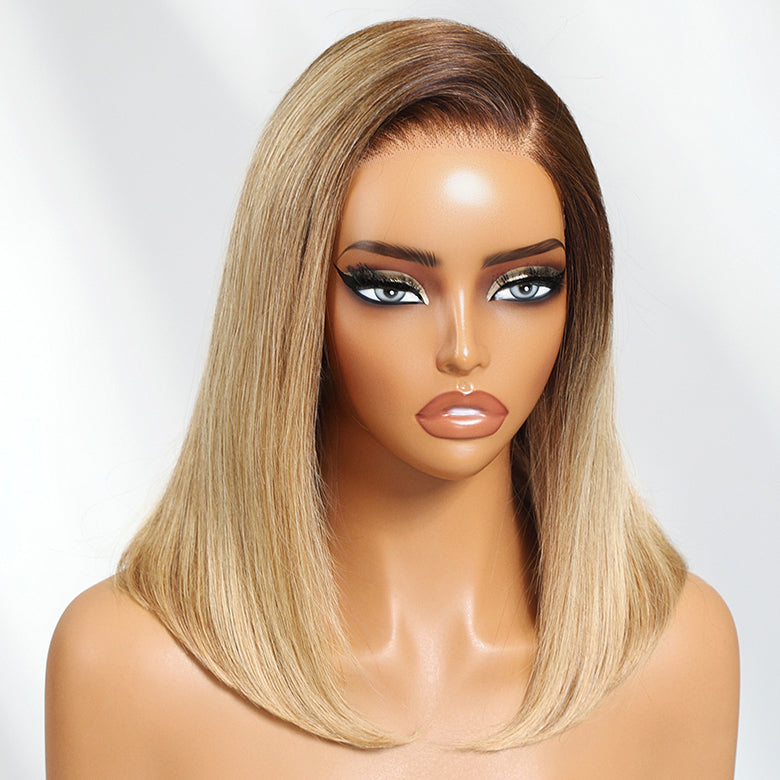Klaiyi Tres Leches Blonde with Brown Root Bob Wigs Salt and pepper Hair Short Straight Bye-Bye Knots Wig Flash Sale