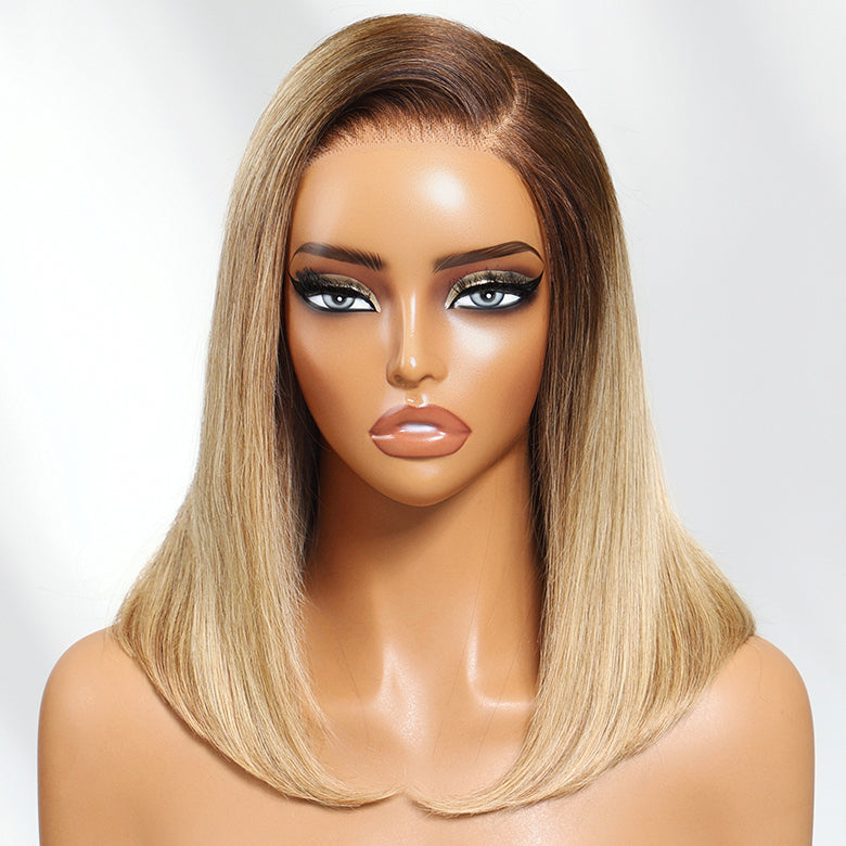 Klaiyi Tres Leches Blonde with Brown Root Bob Wigs Salt and pepper Hair Short Straight Bye-Bye Knots Wig Flash Sale