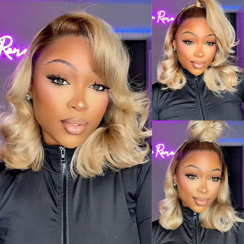 Klaiyi Tres Leches Blonde with Brown Root Bob Wigs Salt and pepper Hair Short Straight Bye-Bye Knots Wig Flash Sale