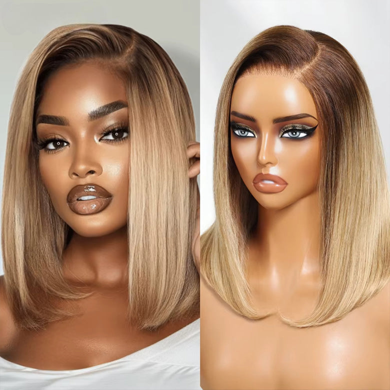 Klaiyi Tres Leches Blonde with Brown Root Bob Wigs Salt and pepper Hair Short Straight Bye-Bye Knots Wig Flash Sale