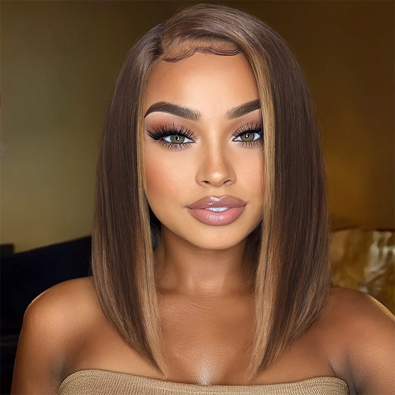 Klaiyi Mocha Brown Highlight Bob Wig with Caramel Highlights 7x5 Bye-Bye Knots Wig Flash Sale