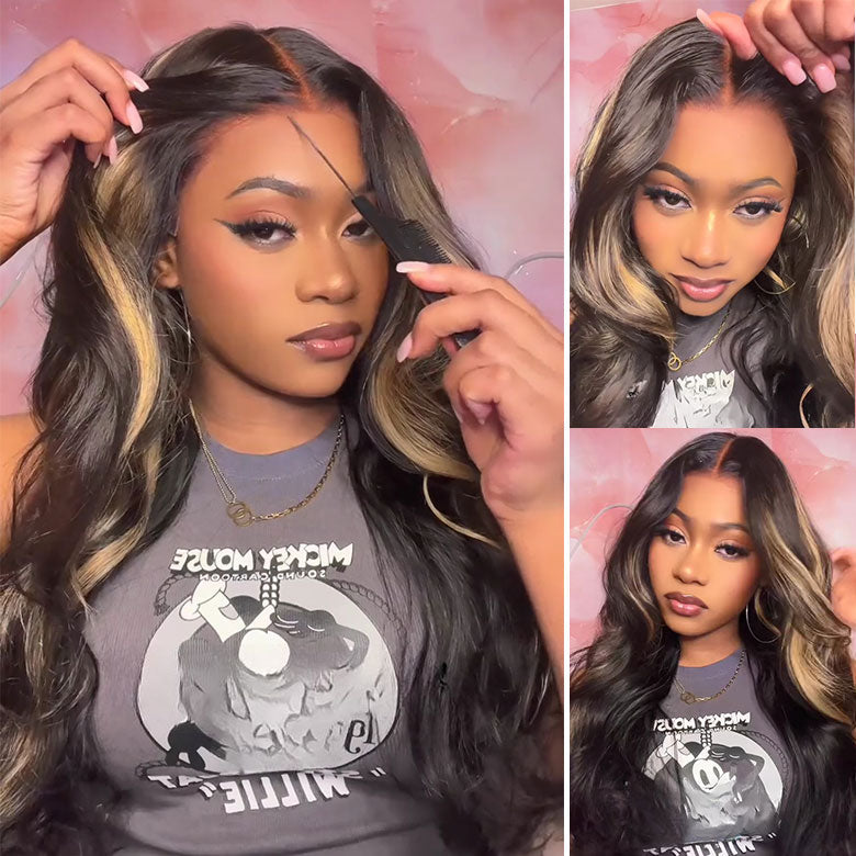 Klaiyi 13x4 Pre everything Glueless Lace Put On and Go Pre-cut Lace  Natural Color With Peek A Boo Blonde Highlights Body Wave Wig Flash Sale