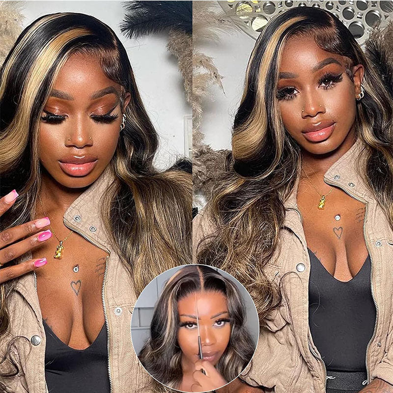Klaiyi 13x4 Pre everything Glueless Lace Put On and Go Pre-cut Lace  Natural Color With Peek A Boo Blonde Highlights Body Wave Wig Flash Sale