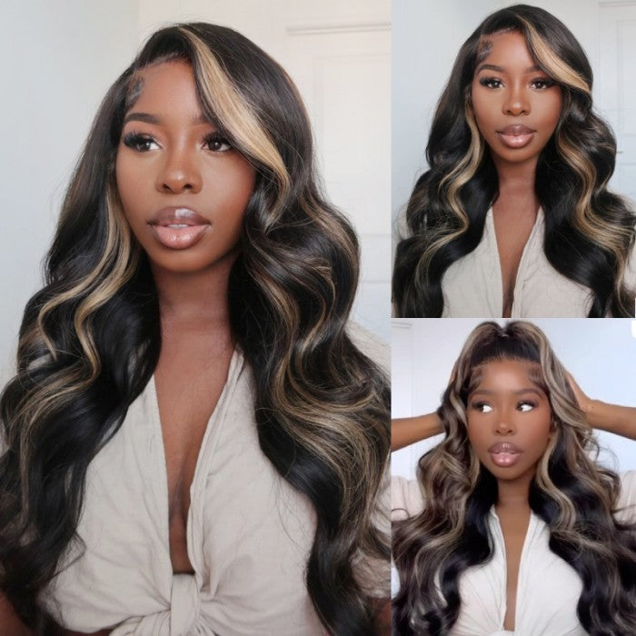 Klaiyi 13x4 Pre everything Glueless Lace Put On and Go Pre-cut Lace  Natural Color With Peek A Boo Blonde Highlights Body Wave Wig Flash Sale