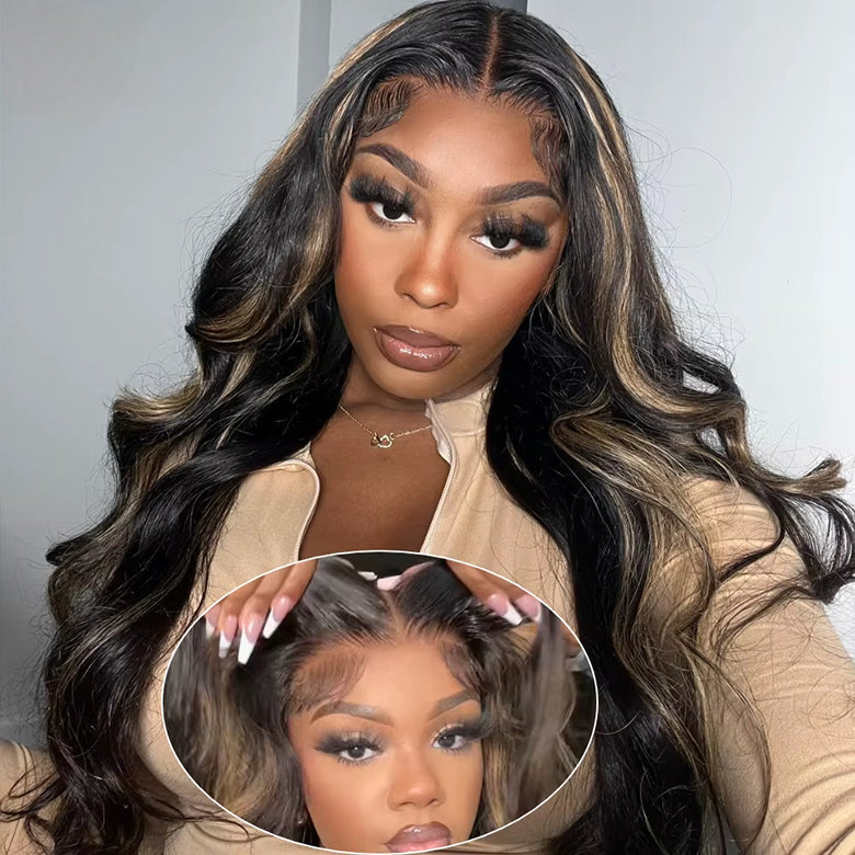Klaiyi 13x4 Pre everything Glueless Lace Put On and Go Pre-cut Lace  Natural Color With Peek A Boo Blonde Highlights Body Wave Wig Flash Sale