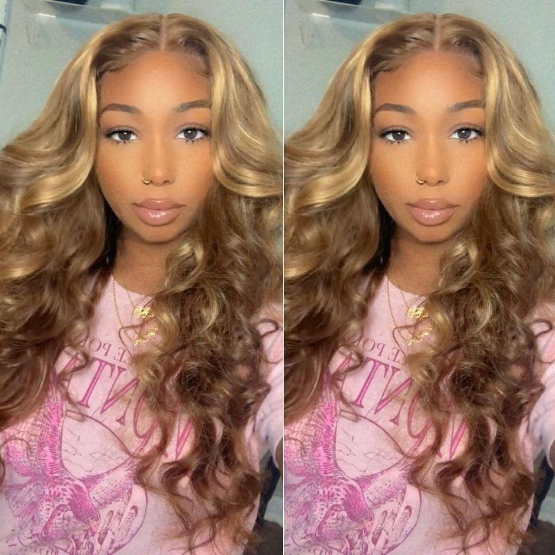 Klaiyi Honey Blonde Highlight Body Wave Human Hair Wigs Lace Closure Wig Flash Sale