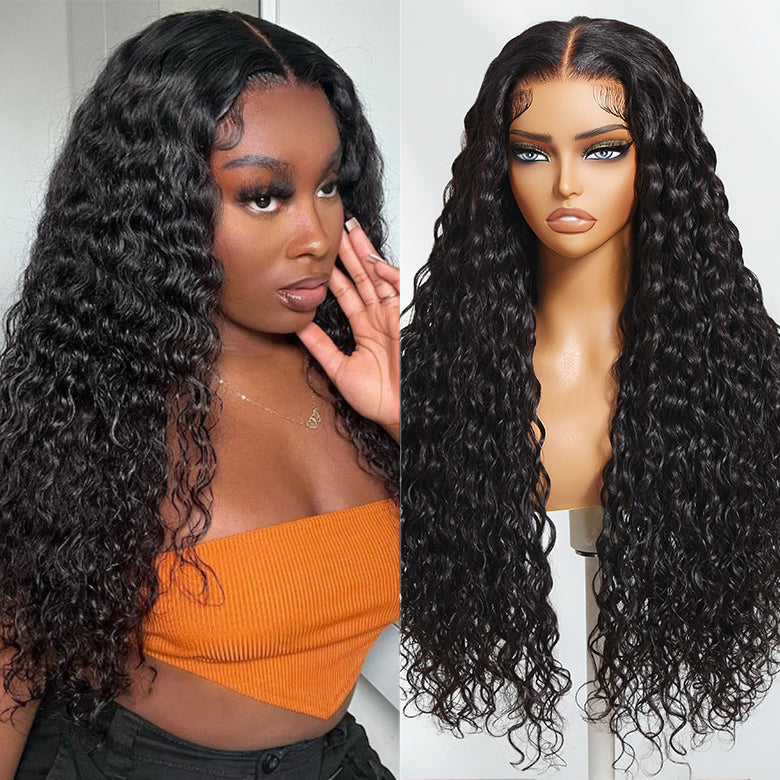 Flash Sale Klaiyi 7x5 Bye Bye Knots Pre-cut Lace Put On and Go Glueless Wig Water Wave Human Hair Wigs