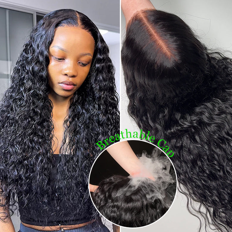 Flash Sale Klaiyi 7x5 Bye Bye Knots Pre-cut Lace Put On and Go Glueless Wig Water Wave Human Hair Wigs