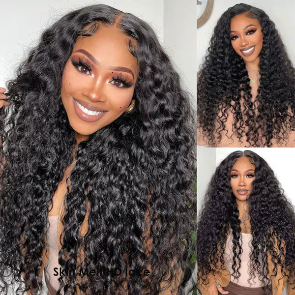 Flash Sale Klaiyi 7x5 Bye Bye Knots Pre-cut Lace Put On and Go Glueless Wig Water Wave Human Hair Wigs