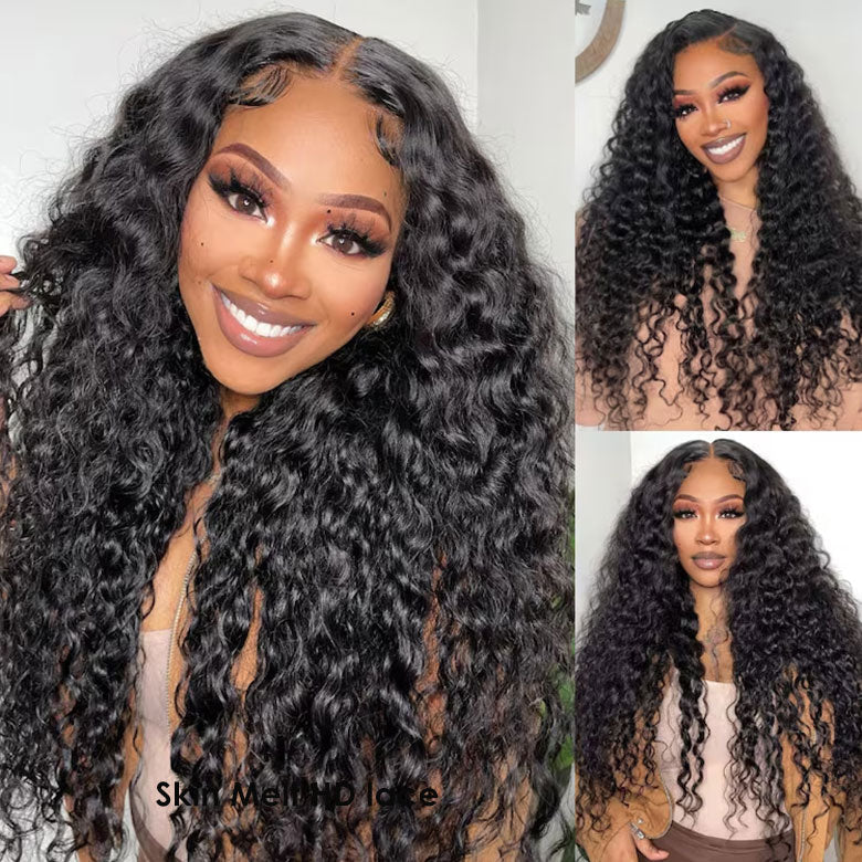 Flash Sale Klaiyi 7x5 Bye Bye Knots Pre-cut Lace Put On and Go Glueless Wig Water Wave Human Hair Wigs