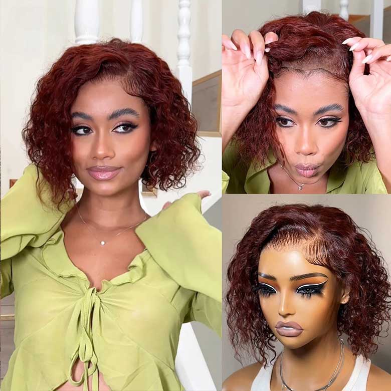 Fast Shipping| Klaiyi Summer Short Curly Bob 7x5 Bye-Bye Knots Lace Wig Side Part Reddish Brown Wig  Flash Sale
