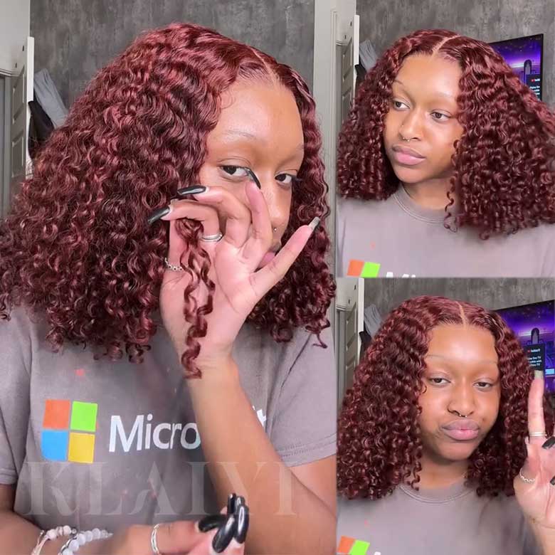 Fast Shipping| Klaiyi Summer Short Curly Bob 7x5 Bye-Bye Knots Lace Wig Side Part Reddish Brown Wig  Flash Sale