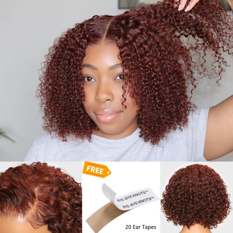 Fast Shipping| Klaiyi Summer Short Curly Bob 7x5 Bye-Bye Knots Lace Wig Side Part Reddish Brown Wig  Flash Sale