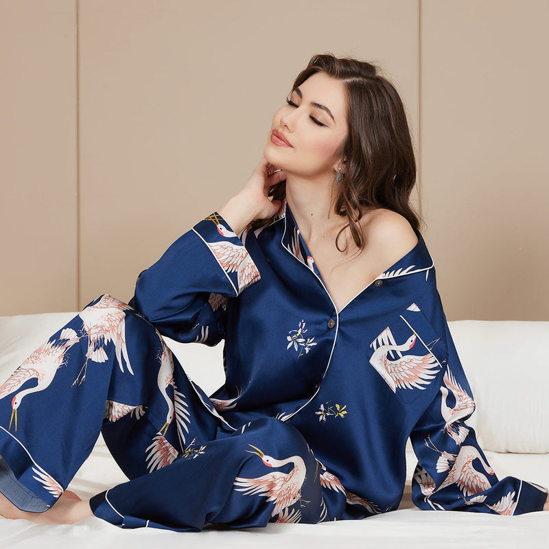 19Momme Women's Silk Crane Print Full Length Pajama Set