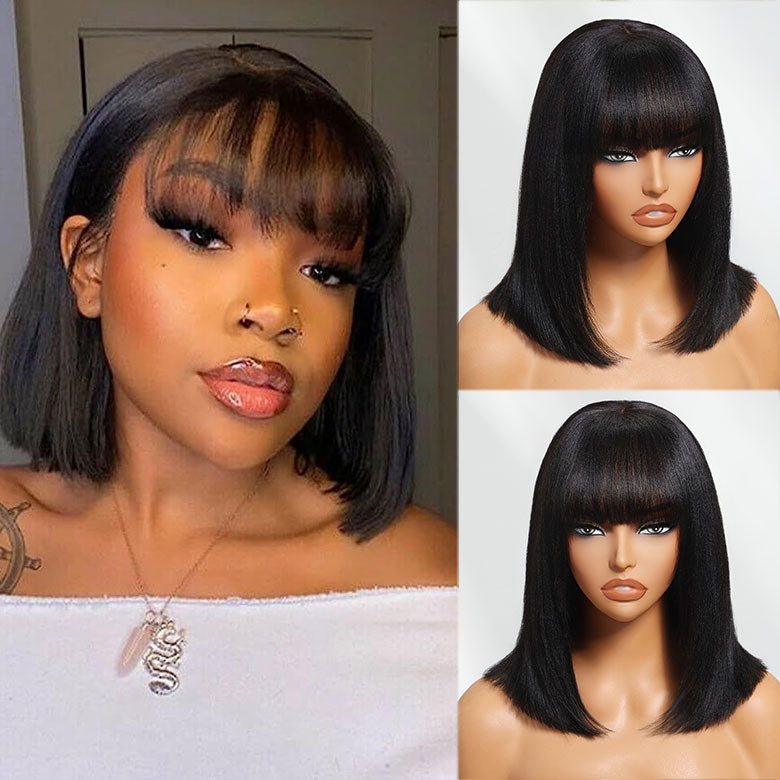 Fast Shipping| Klaiyi Yaki Straight Bob Wig with Bang 2x4 Lace Closure Wig Beginner Friendly Human Hair Wig Flash Sale