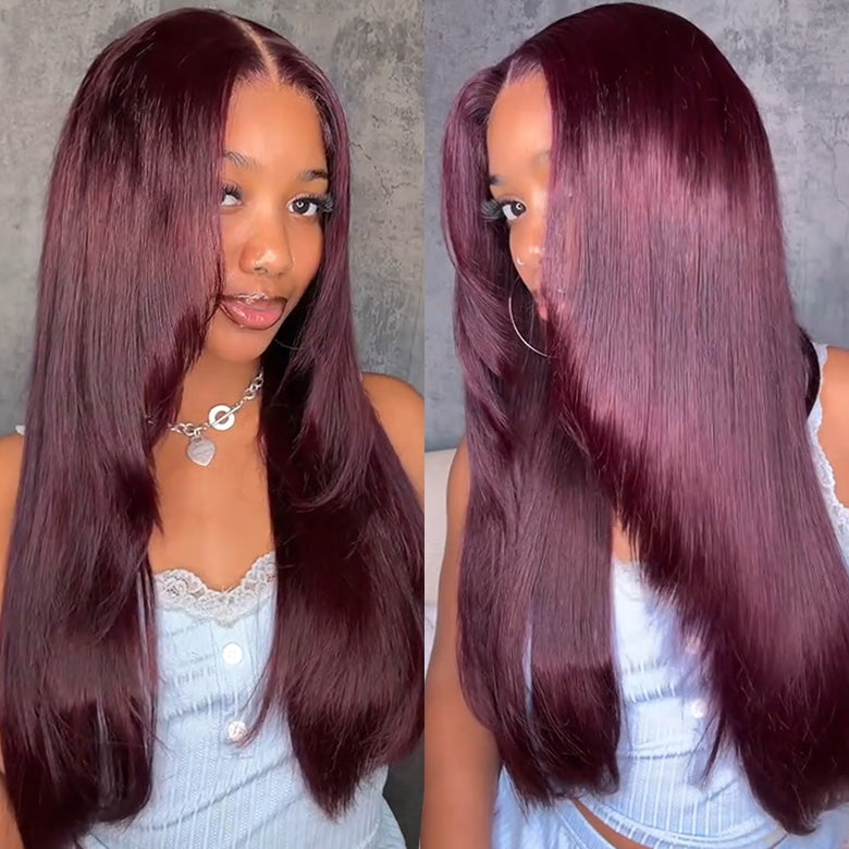 Klaiyi 7x5 And 13x4 Pre-Everything Lace Frontal Black Cherry Color Layered Cut Straight Glueless Wig Flash Sale