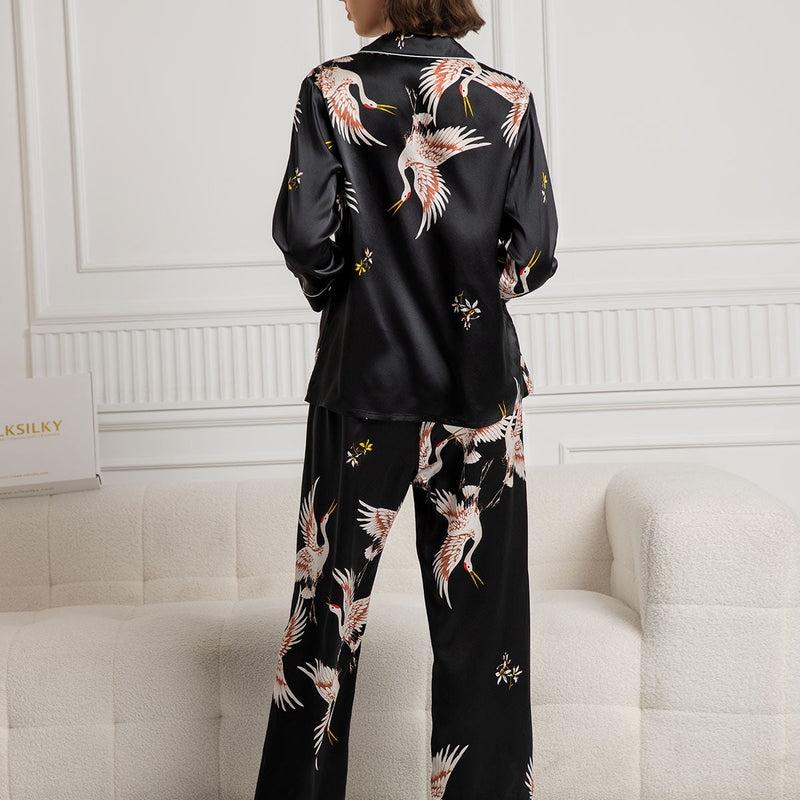 19Momme Women's Silk Crane Print Full Length Pajama Set