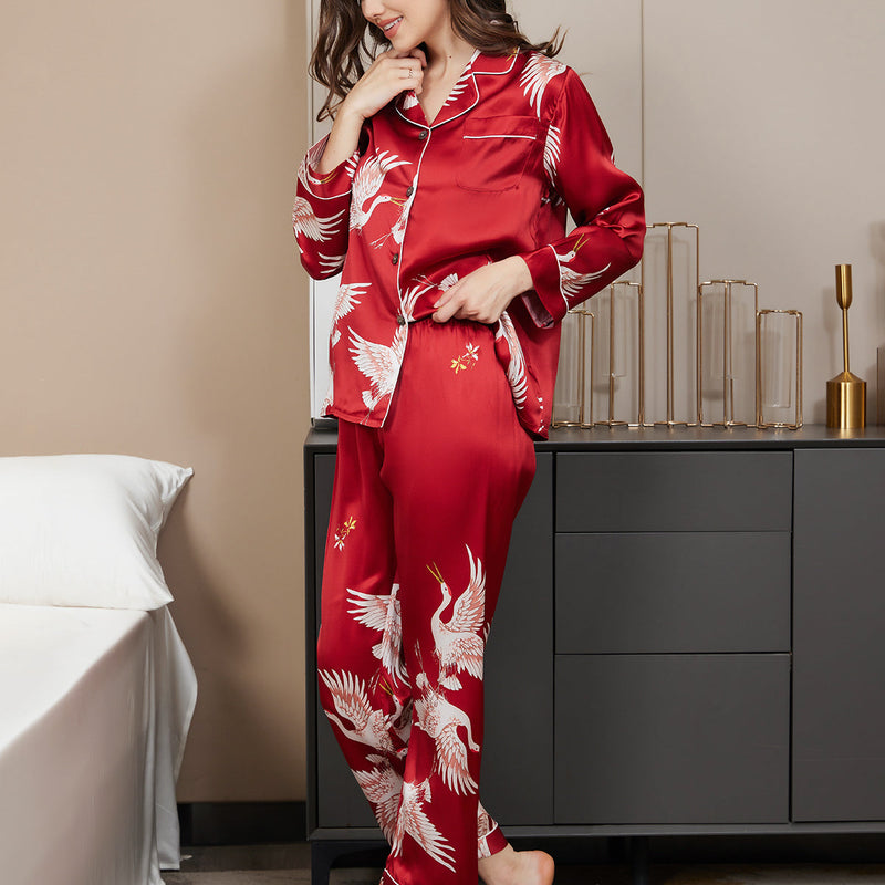 19Momme Women's Silk Crane Print Full Length Pajama Set