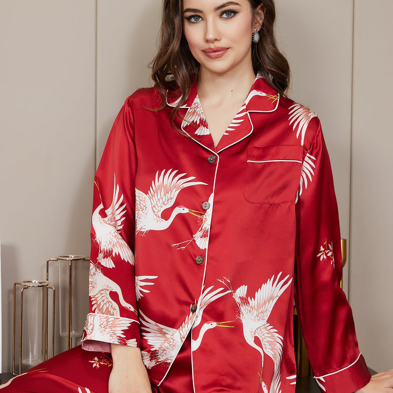 19Momme Women's Silk Crane Print Full Length Pajama Set