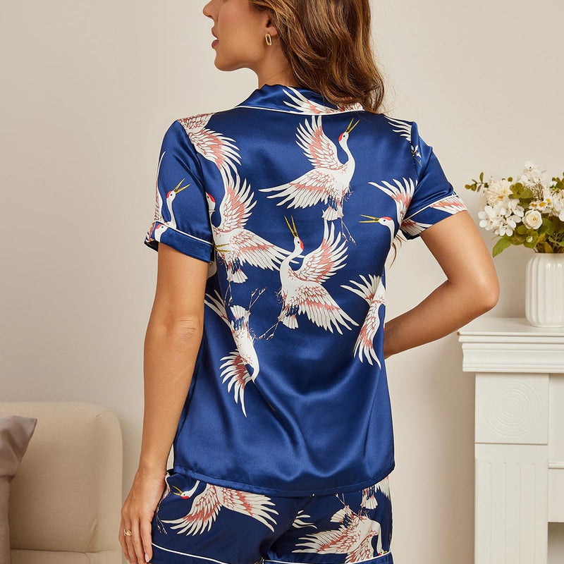 19Momme Women's Silk Crane Print Short Sleeve Pajama Set