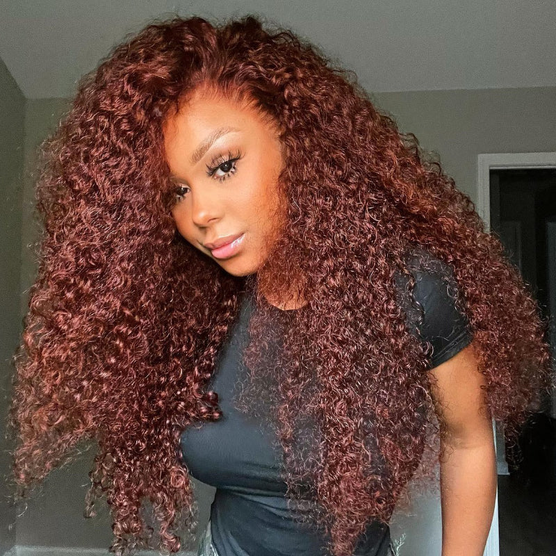 Klaiyi 13x4  Lace Frontal Wig Kinky Curly Auburn Brown Color
