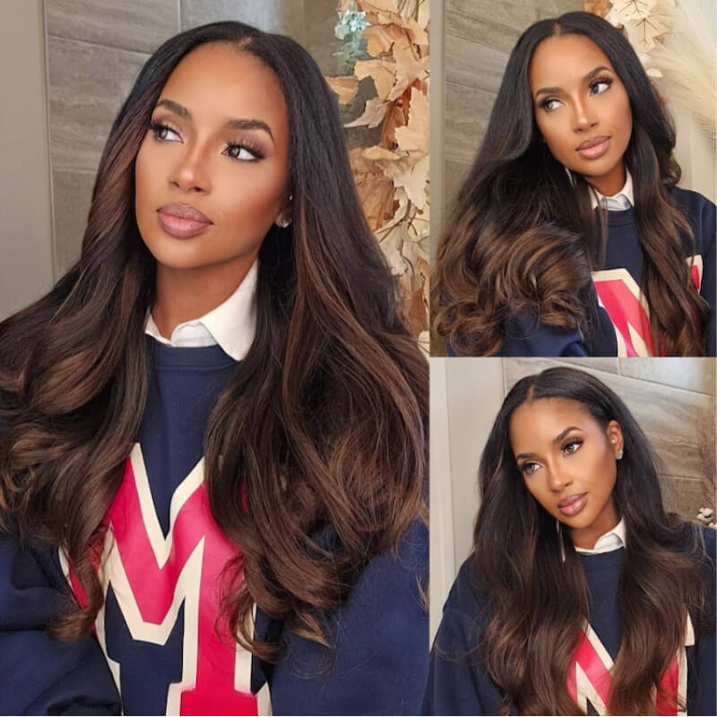 Klaiyi Ombre Chestnut Brown Yaki Straight EasiContour V Part Wigs Human Hair No Glue Protective Style Wig Flash Sale