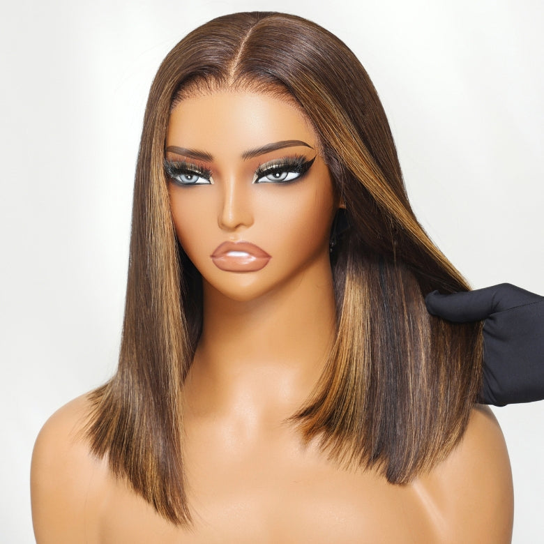 Klaiyi Mocha Brown Highlight Bob Wig with Caramel Highlights 7x5 Bye-Bye Knots Wig Flash Sale
