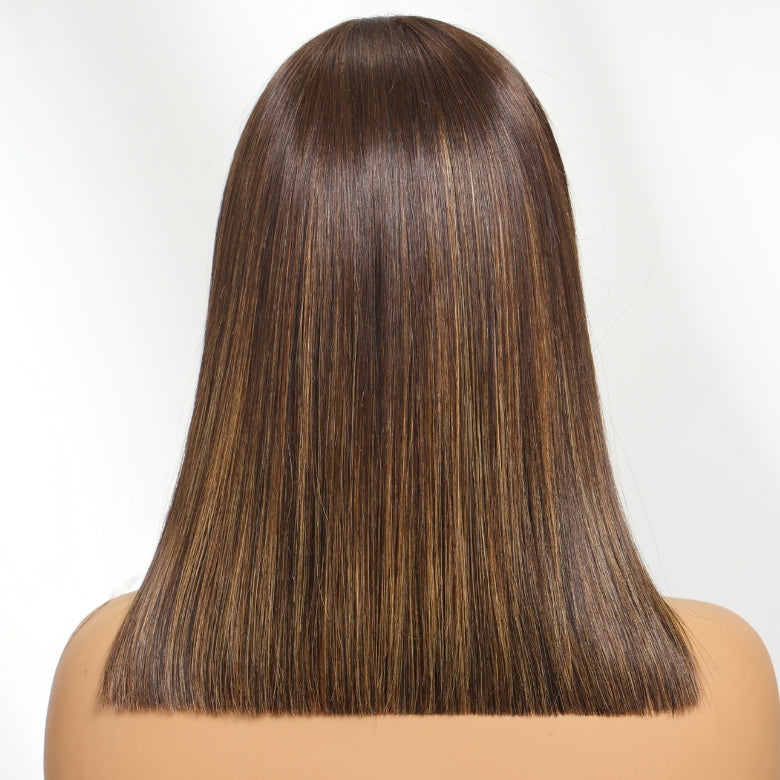 Klaiyi Mocha Brown Highlight Bob Wig with Caramel Highlights 7x5 Bye-Bye Knots Wig Flash Sale