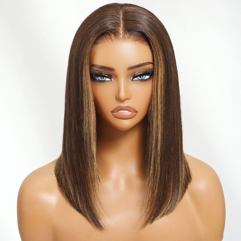 Klaiyi Mocha Brown Highlight Bob Wig with Caramel Highlights 7x5 Bye-Bye Knots Wig Flash Sale