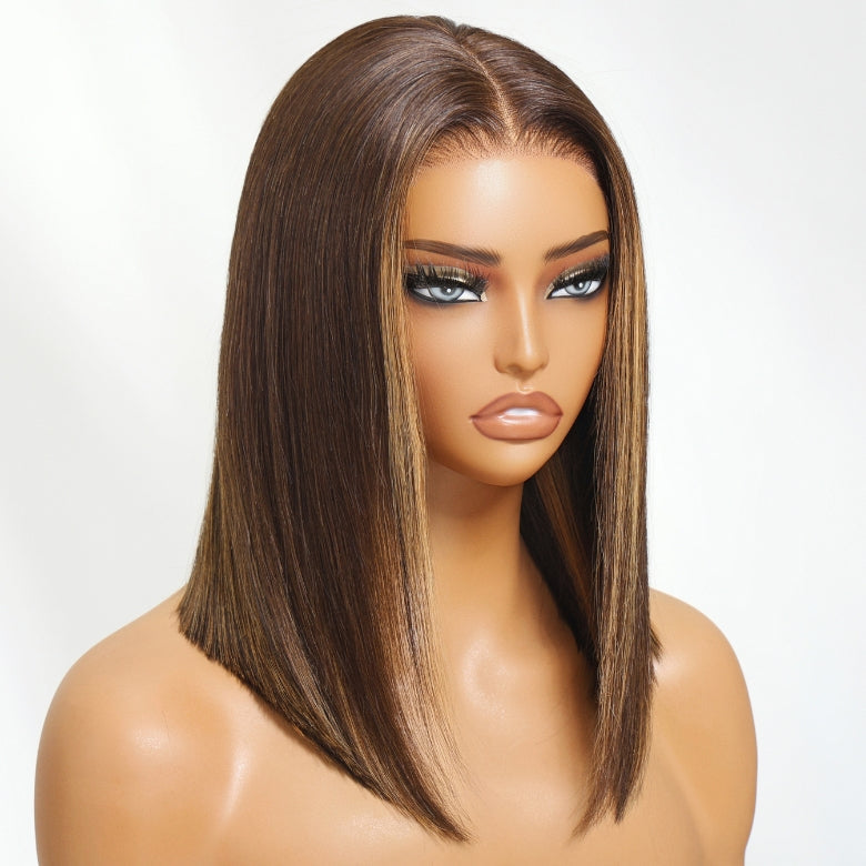 Klaiyi Mocha Brown Highlight Bob Wig with Caramel Highlights 7x5 Bye-Bye Knots Wig Flash Sale